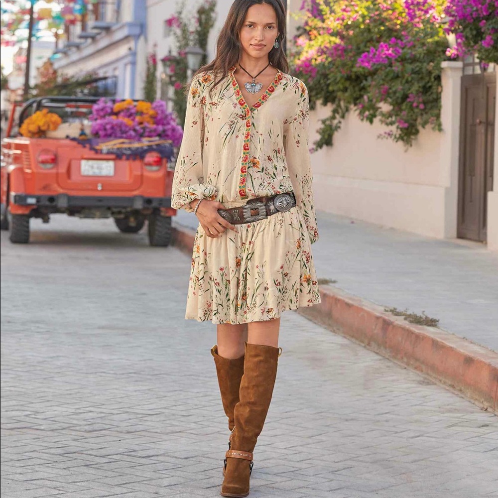 Boho Cream Floral Long Sleeve Dress